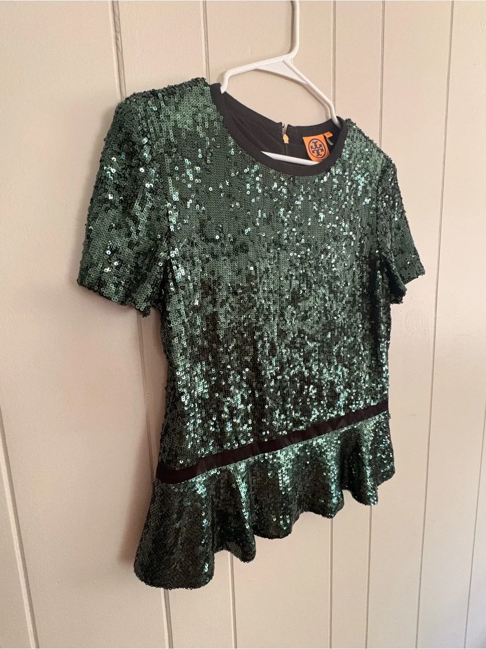 Tory Burch Emerald Green Sequin Short Sleeve Peplum Top